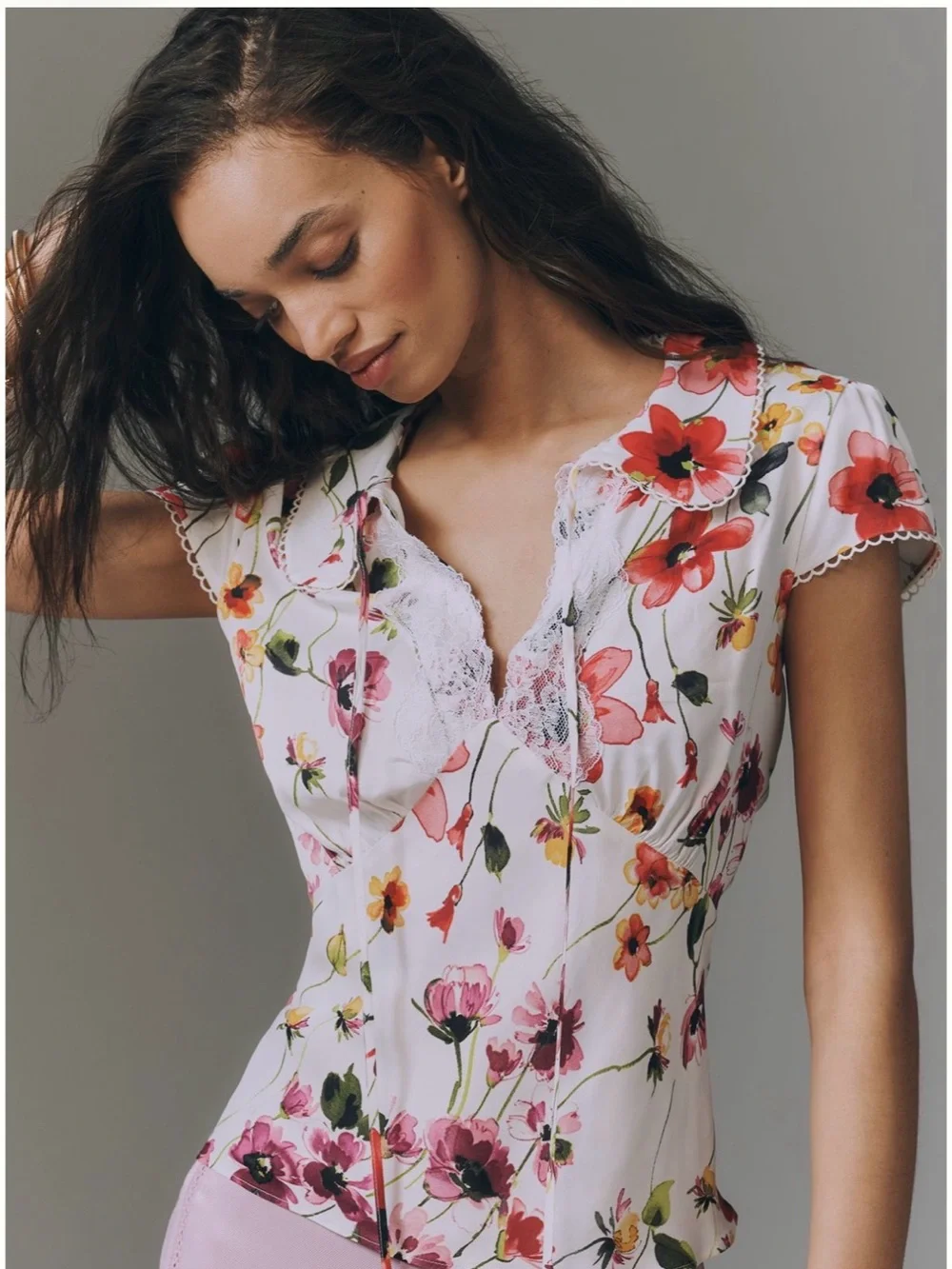 Anthropologie by Anthropologie Floral Lace Trim Cap Sleeve Blouse - Picture 1 of 8